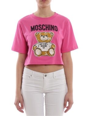 Moschino Couture Short Sleeve Cropped Cotton T- shirt  Teddy in Pink/ Fuchia S/M